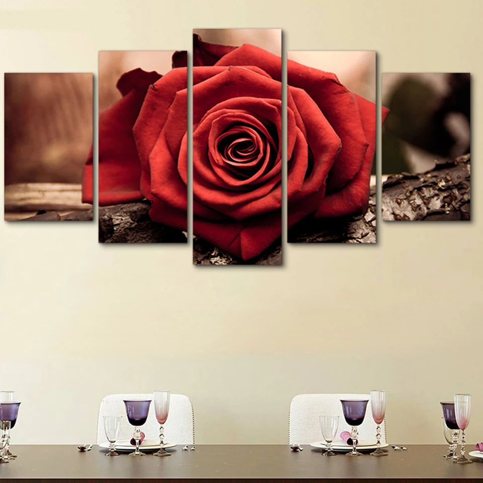 Модульные картины на холсте HD печатные настенные художественные Рамки 5 панелей Красная роза цветок живопись гостиная современный домашний декор плакат