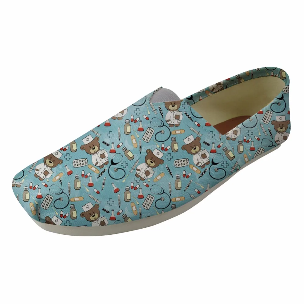 

INSTANTARTS Hot Selling Women Loafer Shoes Cute Nurse Bear Printing Slip On Canvas Flat Shoes Summer Breathable Casual Shoes