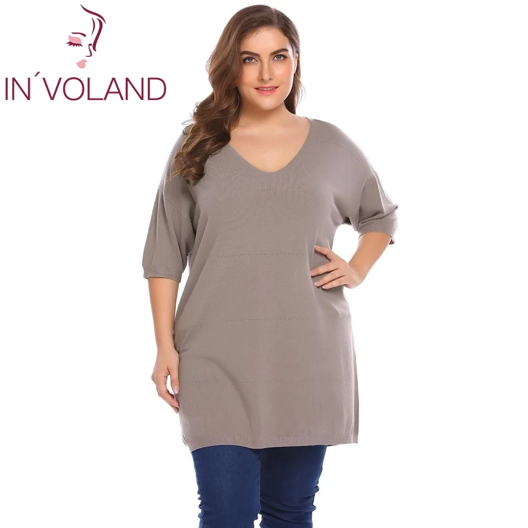 IN'VOLAND Plus Size XL-5XL Women Sweater Tops Autumn V-Neck Half Sleeve Solid Casual Thin Knit Large Pullover Shirt Big Size Sweaters