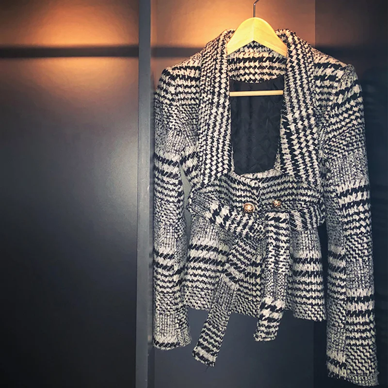 Women plaid notched collar tweed blazer double breasted pockets tassel hem female loose casual outwear chic tops Women plaid notched collar tweed blazer double breasted pockets tassel hem female loose casual outwear chic tops