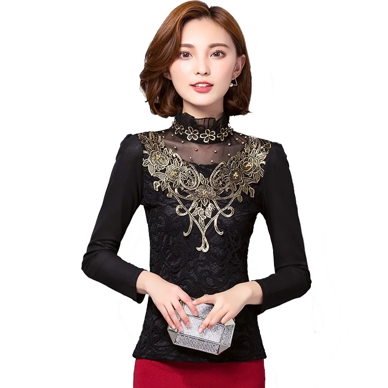 

Blouse Shirt Women Lace Shirt Autumn and Winter Fashion Woman Blouses Long Sleeve Diamond Plus Velvet Shirt Blusas Mujer De Moda