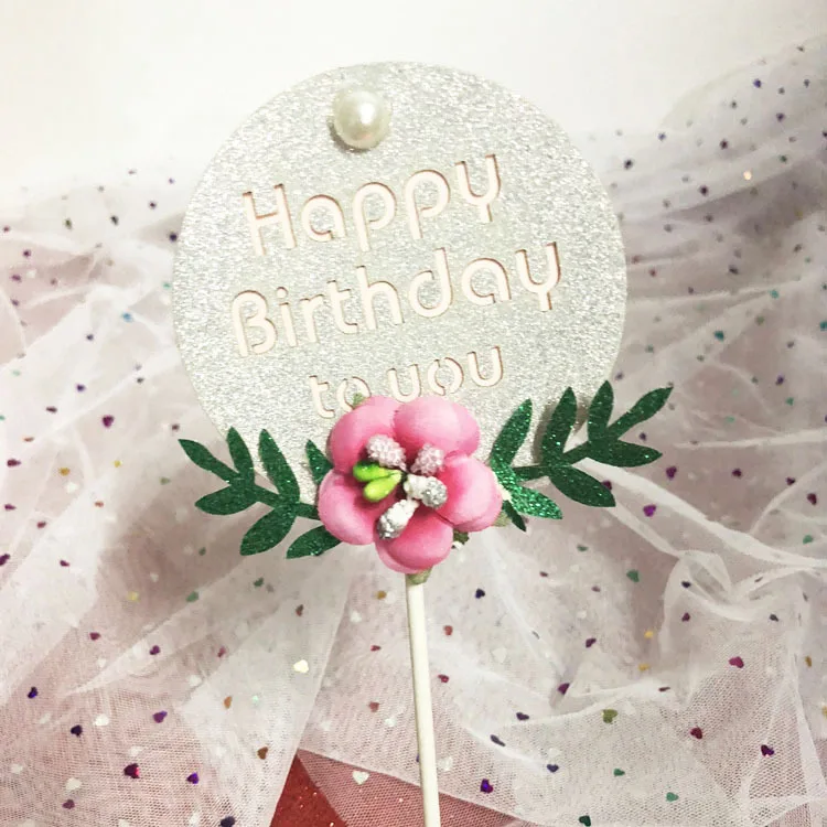 Цветок зеленый лист Топпер для торта «С Днем Рождения» вставить флаг женский день рождения выпечки украшения детский душ кексы - Цвет: White round