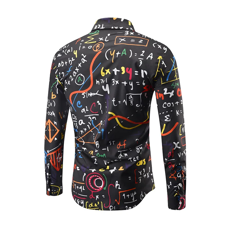 High Quality Men Shirt Long Sleeve Loose fit Equation Print Turn-down Collar camisas Large Size Dress Shirts