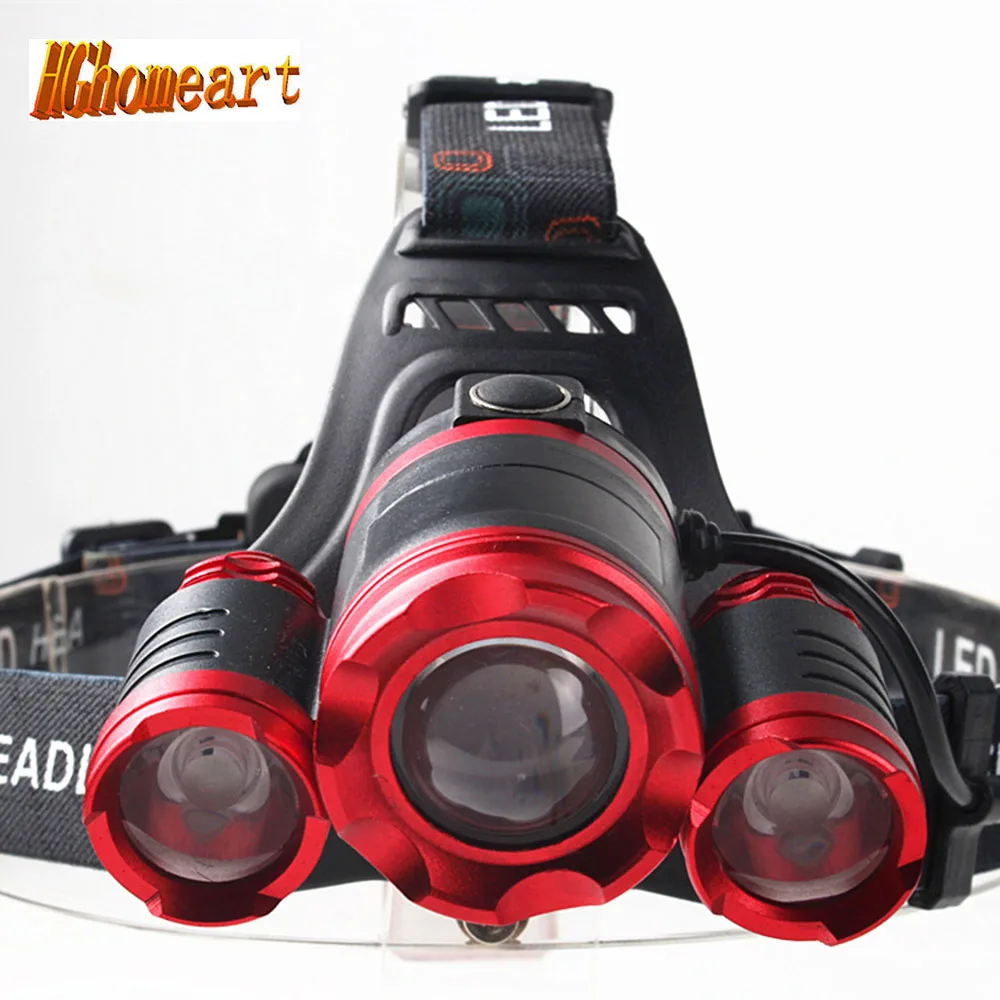 

HGhomeart LED headlamp head light outdoor lighting 30W 2*18650 batteries high power T6 three headlights headlamp flashlights