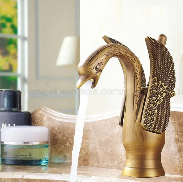 Bathroom Faucet Antique Brass Swan Shape Single Handle Wash Basin Bathroom Deck Mounted Tap znf087