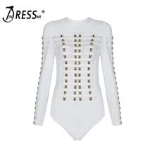 INDRESSME 2017 New Women s Black White Long Sleeve Mesh Patchwork Beading Sexy Bandage Bodysuits