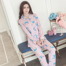 Демисезонный Для женщин хлопковый комплект с мультипликационным принтом дельфина, комплект с длинным рукавом Повседневное пижамные комплекты одежда для сна домашняя одежда
