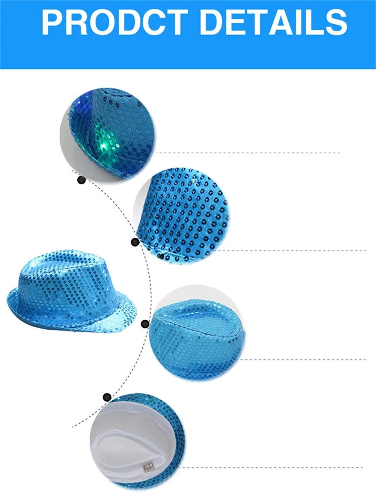 Черная детская шляпа-федора, котелок с пайетками, мужские формальные шляпы Fedoras, женский джаз, светодиодный Светодиодный свет, блестящие вечерние головные уборы унисекс