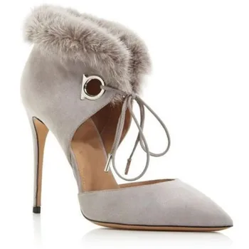 

New Fashion Sring Women Suede Pointed Toe Fur Pumps Lace Up Strappy Sexy Party Wedding High Heels Shoes Women Lady Dress Pumps