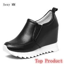 Пояса из натуральной кожи на танкетке обувь без шнуровки Женские туфли-лодочки Лоферы для женщин танкетке Повседневное увеличивающие рост Туфли на плоской подошве плюс размер 34-40