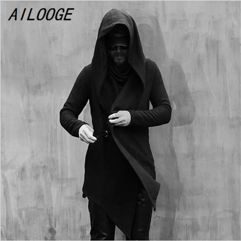 

AILOOGE Street Style Men's Personalized Irregular Male Fashion Cape Coat Slim Trench With a Hood Stylist Black Wool Jackets