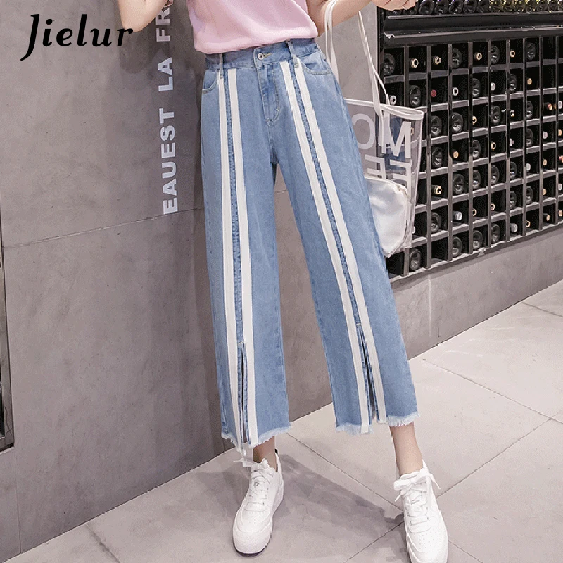 Jielur, консервативный стиль, с карманами, в полоску, джинсы для женщин, Kpop, новинка, плюс размер, джинсы, Mujer, с кисточками, широкие, джинсовые штаны, Повседневная Уличная одежда