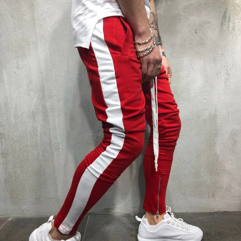 red and white Стиль хип-хоп, мужские цветные лоскутные брюки на молнии для ног, длинные брюки-карандаш на шнурке из хлопка, модные мужские спортивные штаны для фитнеса - Цвет: red and white