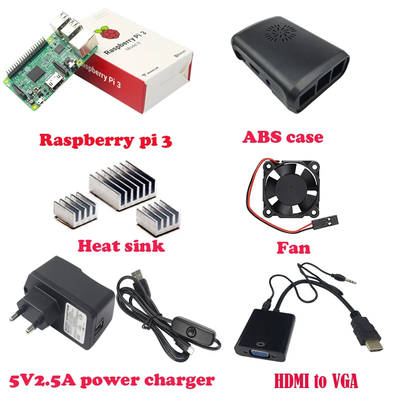 

Original Raspberry Pi 3 Model B Board with WiFi&Bluetooth + ABS Case + Power Adapter + HDMI + Heat Sink to VGA Adapter Pi 3B Kit
