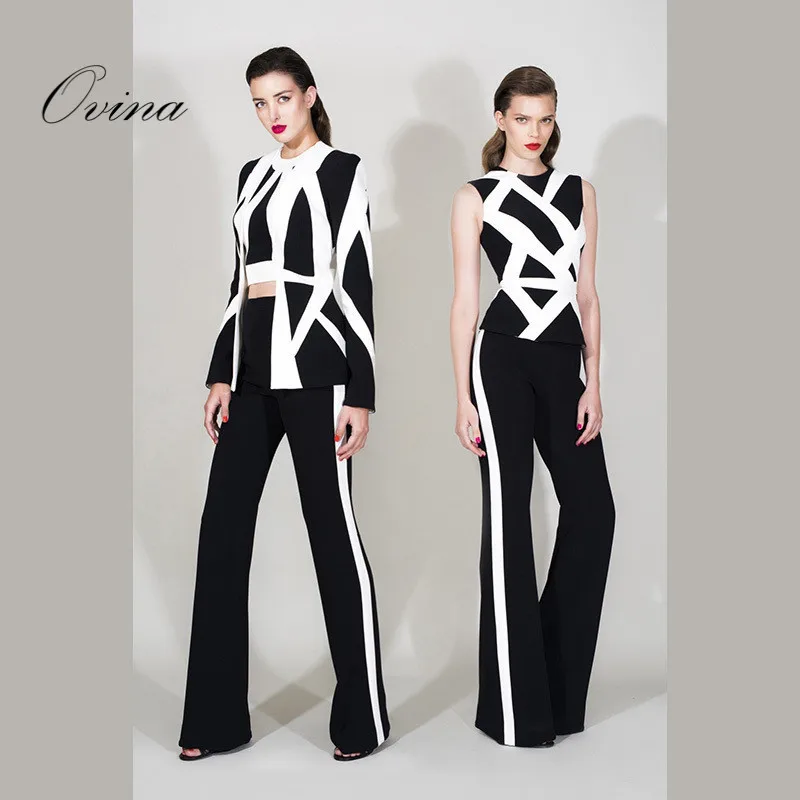 

Black Round Neck Sleeveless Striped Regular 2 Pieces Bodycon Bandage Women Sets