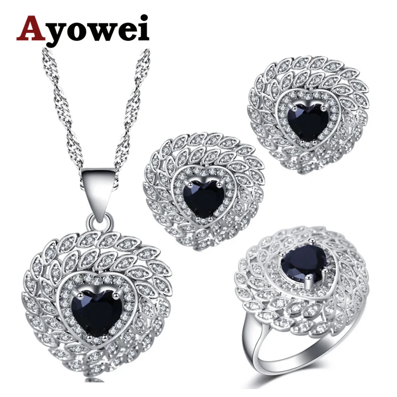 

Ayowei Party Heart-shaped for women black zircon silver Earrings Necklace pendant rings Jewelry Sets #6#7#8#9#10 JS729A