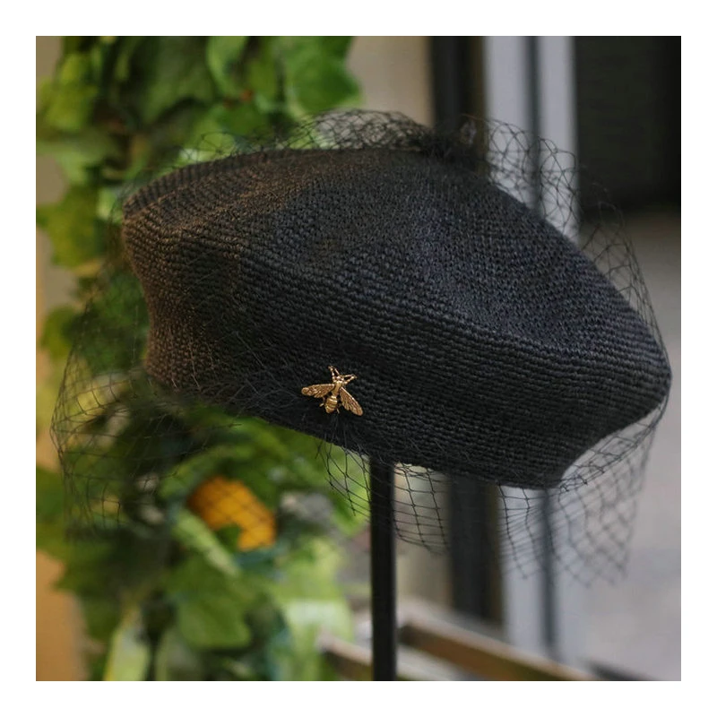 

Women's Retro Beret Cap Black Mesh Fashion Straw Hat Handmade Fine Ladies Social Summer Vacation High-end Brand Female Cap