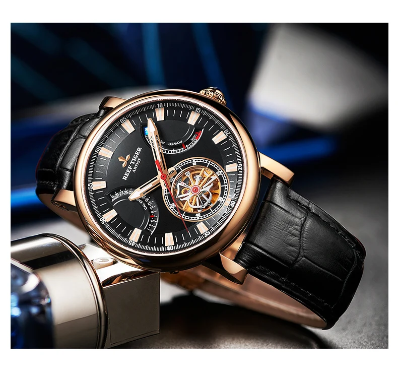 Reef Tiger/RT автоматические часы для мужчин твердый стальной черный кожаный ремешок часы с датой день RGA1950
