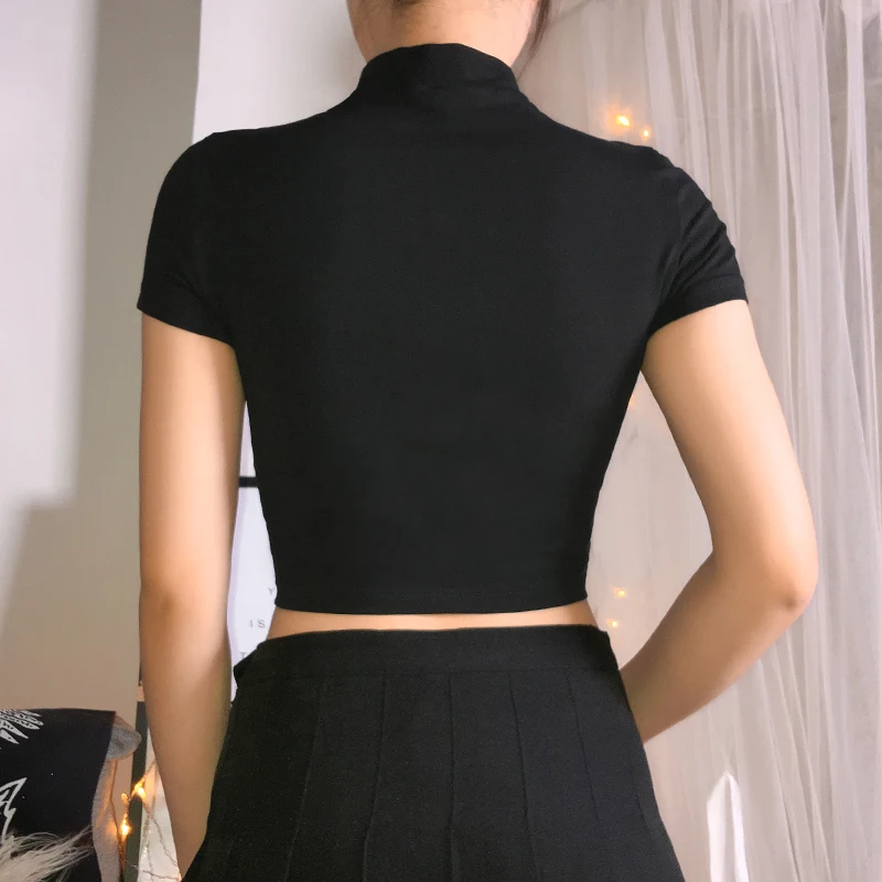 FREE SHIPPING Black Gothic Tshirt Short Sleeve With Buckle Ribbon JKP4790
