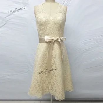 

Champagne Wedding Party Dress Short Lace Bridesmaid Dresses Sash V Neck Tank Bruidsmeisjes Jurk Vestido de Festa Curto Casamento