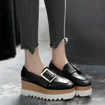 XJRHXJR/однотонная женская обувь на плоской подошве с квадратной пряжкой новые Демисезонные женские повседневные туфли дышащие однотонные мокасины-Лоферы без застежки - Цвет: Black