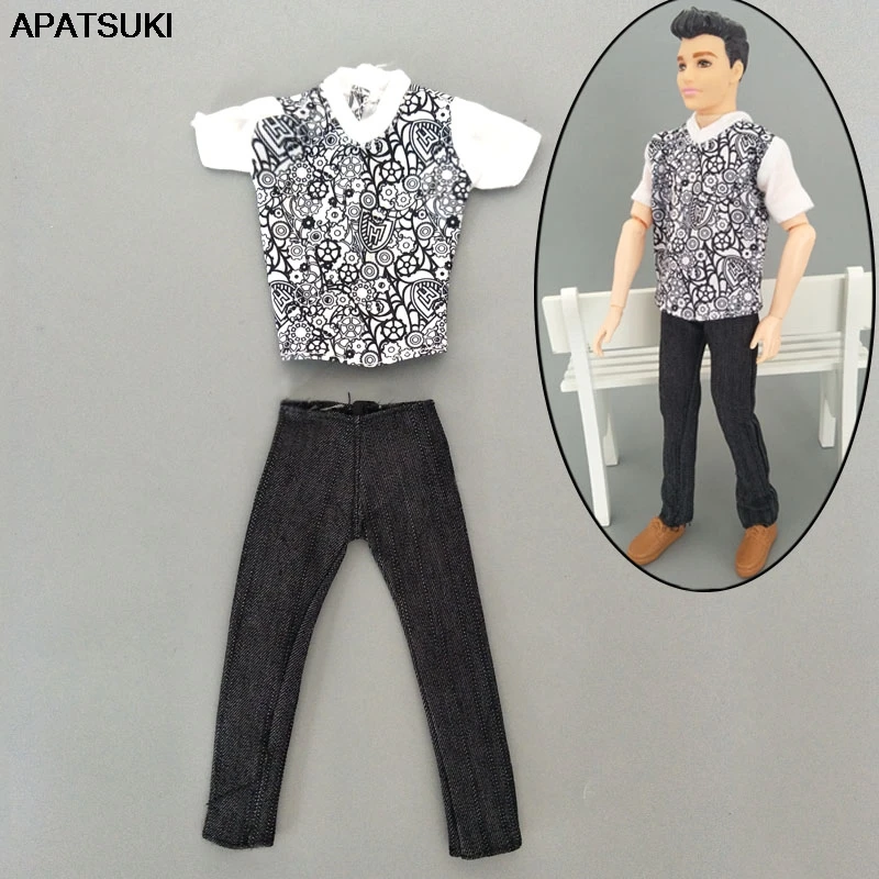

1set 1/6 Boy Doll Clothes Painted Flower Shirt & Black Pants Trousers For Ken Doll Clothes For Barbie Boyfriend Ken Prince Doll