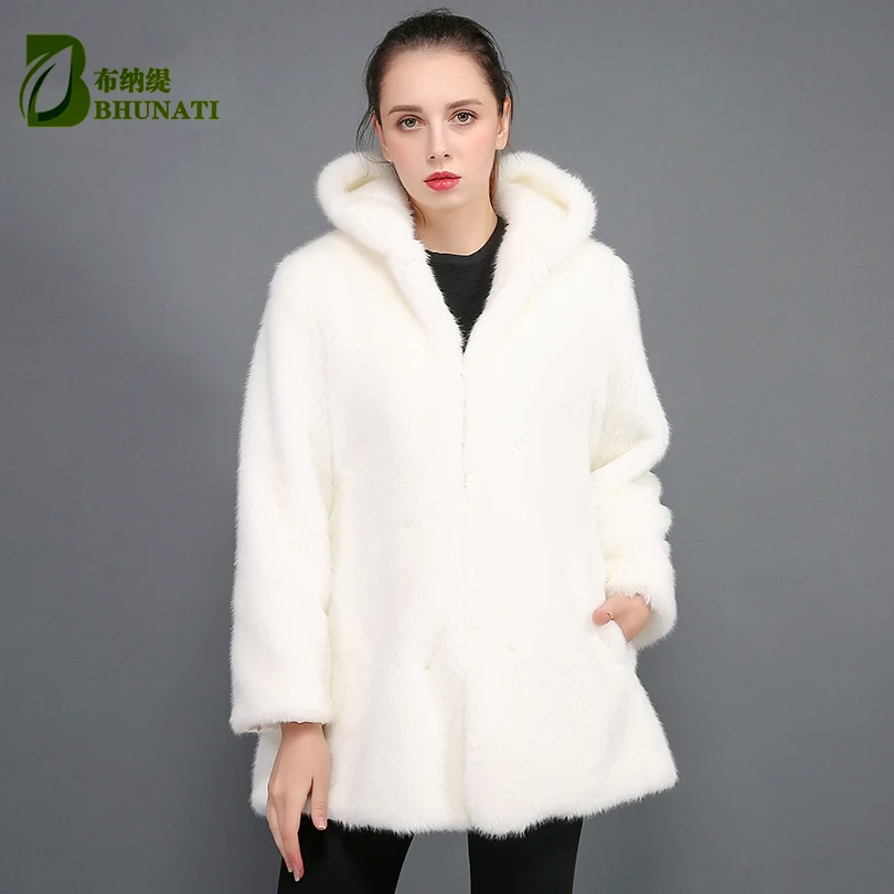 

BHUNATI Large Size 4XL Thick Warm Faux mink Fur Coat Black artificial fur hooded coat manteau fourrure femme black white coats