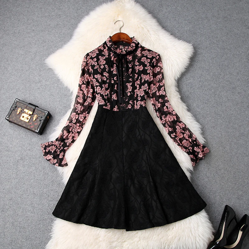 

woman Flare Sleeve party dress 2019 new High quality summer clothing Slim elegant Flower shirt Bow Dress A Line Ruffles dresses