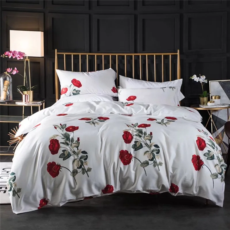 

white luxury exquisite Red rose pattern printing 60S Egyptian cotton Comfortable Bedding Set Duvet Cover Bed sheet Pillowcases