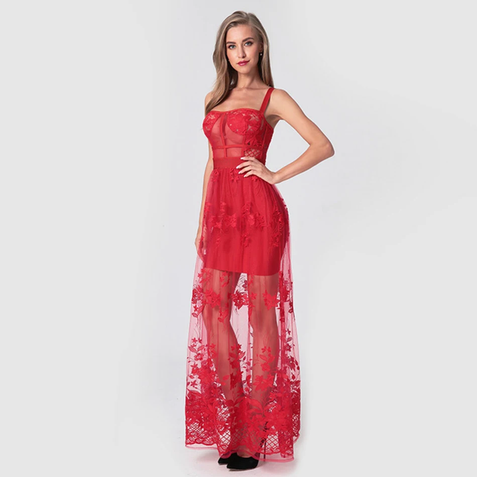 

Spaghetti Strap Sleeveless Lace Embroidery Mesh Maxi Dress Women Red Bare Back Solid Long Evening Party Dresses Vestidos