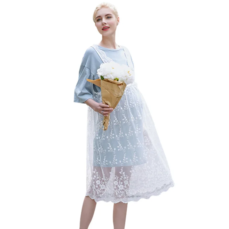 New Maternity Dresses Lace Hollow High Waist Two Sets Clothes For Pregnant Women Of Casual Lace Long Style Pregnancy Dress