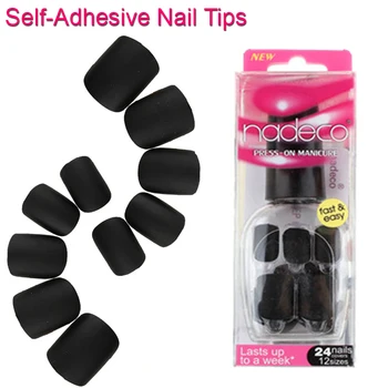 

12Sets Full Cover Matte Black Self-Adhesive Fake Nail Polish Tips Pure Color Glued Acrylic Nails False French Manicure RCP-06