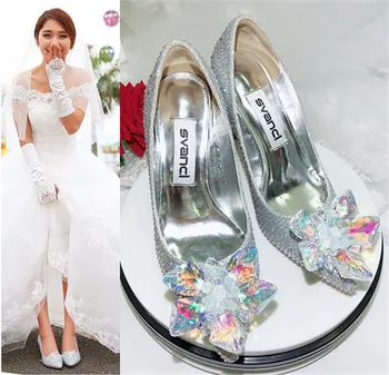 

2019 New Wedding Shoes Women Cinderella Crystal Shoes Bridal Thin High Heels 7/9CM Rhinestone Flower Woman Shoes Pumps Silver