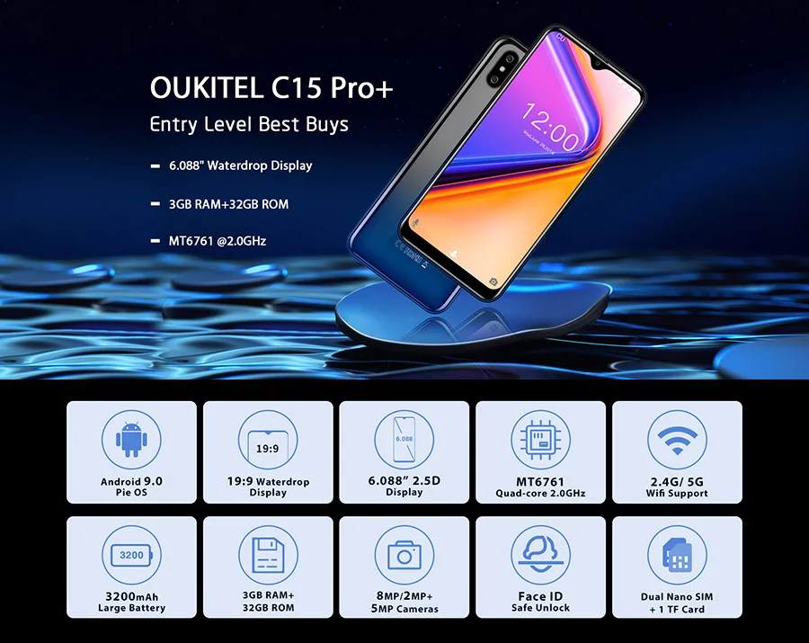 Мобильный телефон OUKITEL C15 Pro+ 6,088 ''19:9 Android 9,0 Pie 3 ГБ 32 ГБ MT6761 с каплями отпечатков пальцев для распознавания лица 5G WiFi 4G