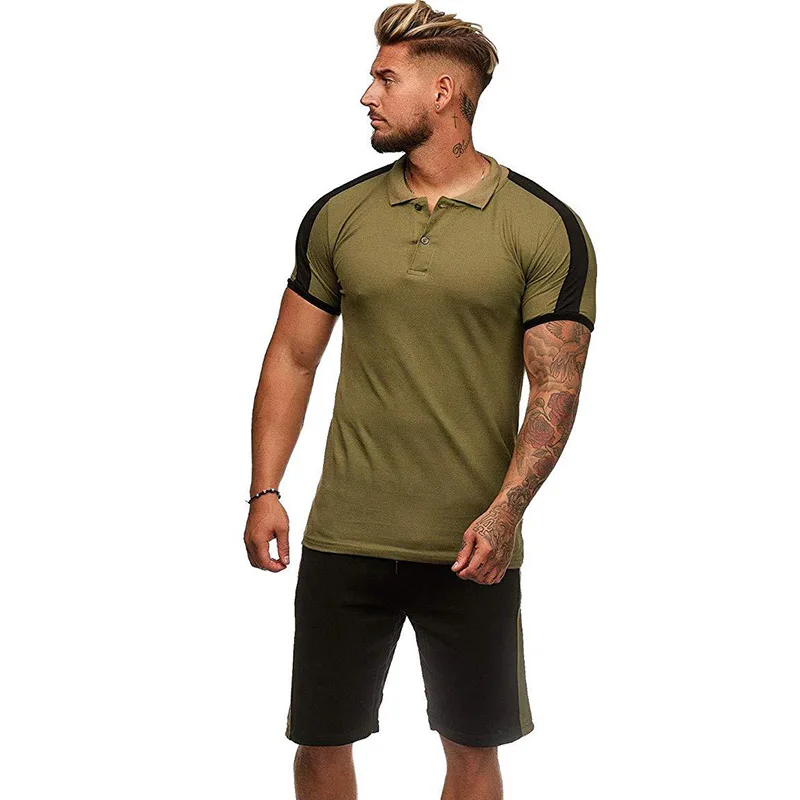 Army green Men Tops with Pants Sports Suit Breathable Sweat Absorbing Short Sleeves Clothing Set FDC99 - Color: Army green