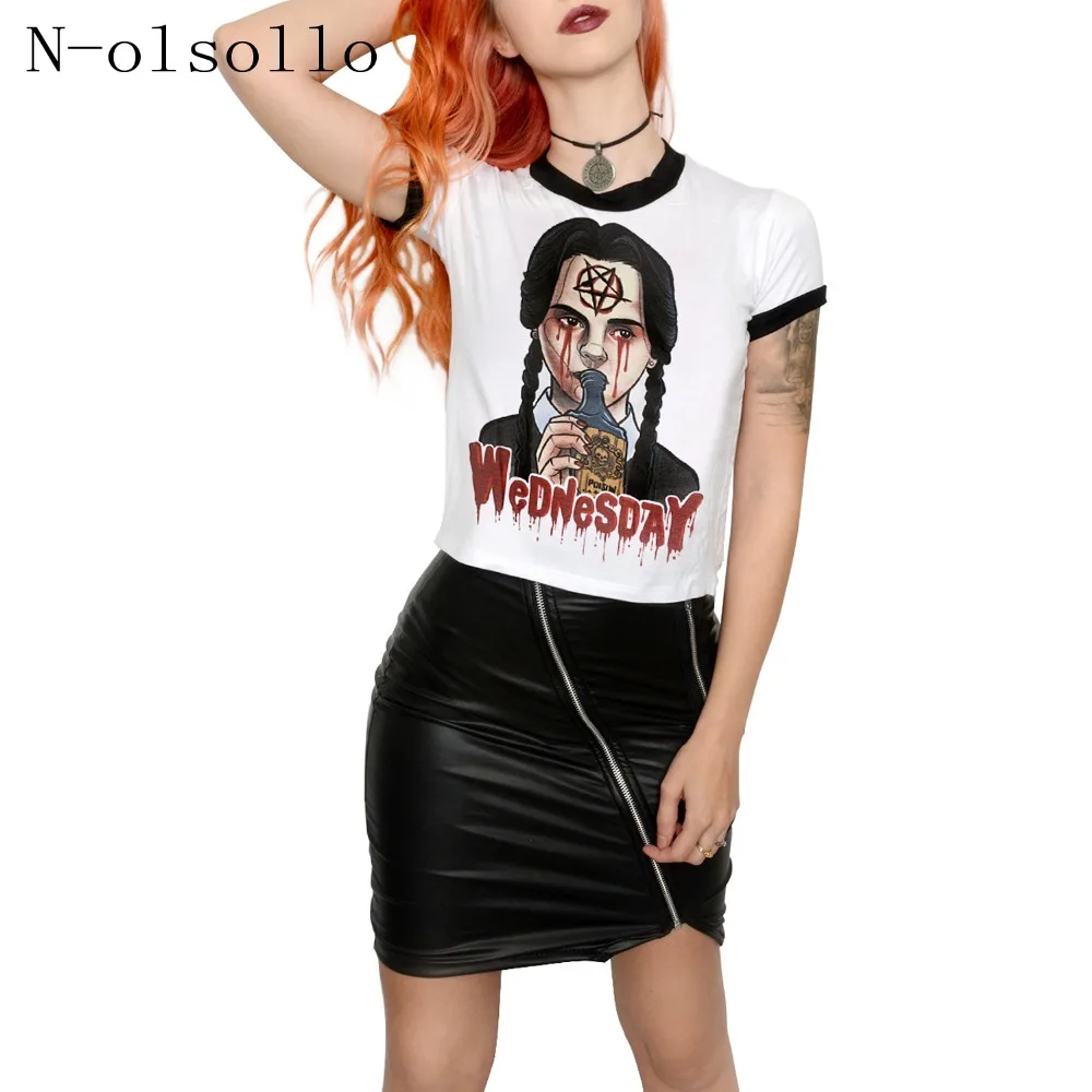 

N-olsollo Harajuku 3D Totems Beauty Drinking Poison Wednesday Printed Gothic Punk Crop Tops Short Sleeve O-neck Sexy Summer Tees