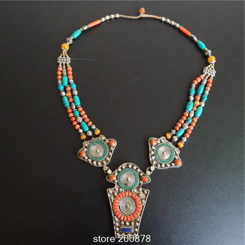 TNL590 Master Design Nepal Indian brass inlaid Stone coral Big Round pendant necklace Multi Statements Big BOHO Necklace