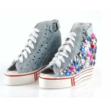 Г., модная разноцветная обувь ручной работы, украшенная стразами, с открытым носком, летняя джинсовая парусиновая обувь на толстой платформе, на танкетке