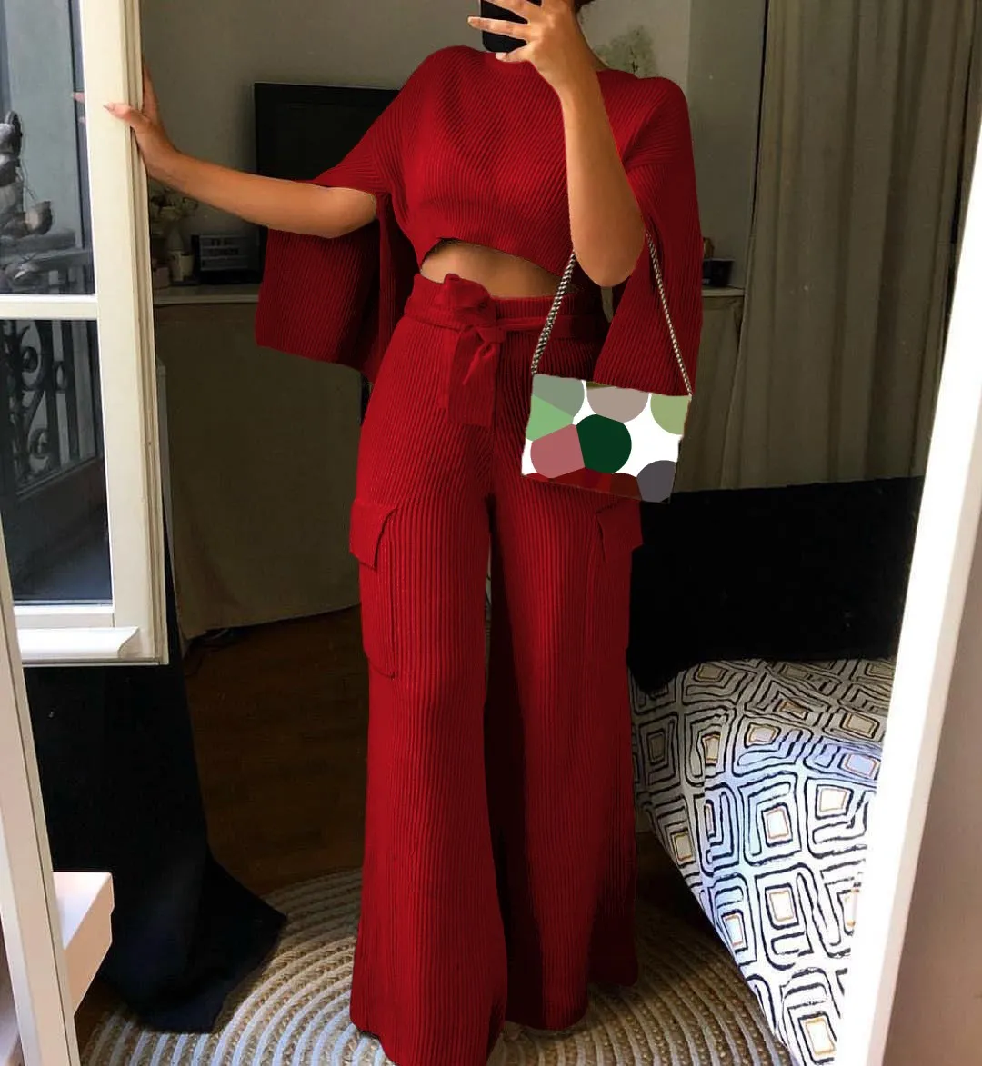 

Women 2 Two Piece Set Spring Winter Outfits Long Sleeve Knit Sweater Tops Bodycon Pants Suit O-Neck Sexy Matching Sets