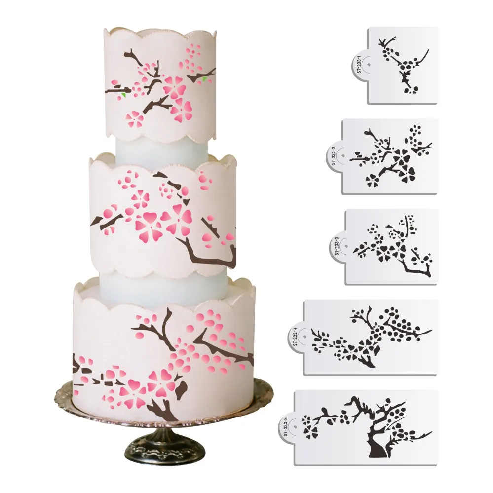 

5pcs/set Blooming Cherry Tree Cake stencil Plastic Fondant Side Stencil Flower Painting Template Mold Decorating Tools Bakeware