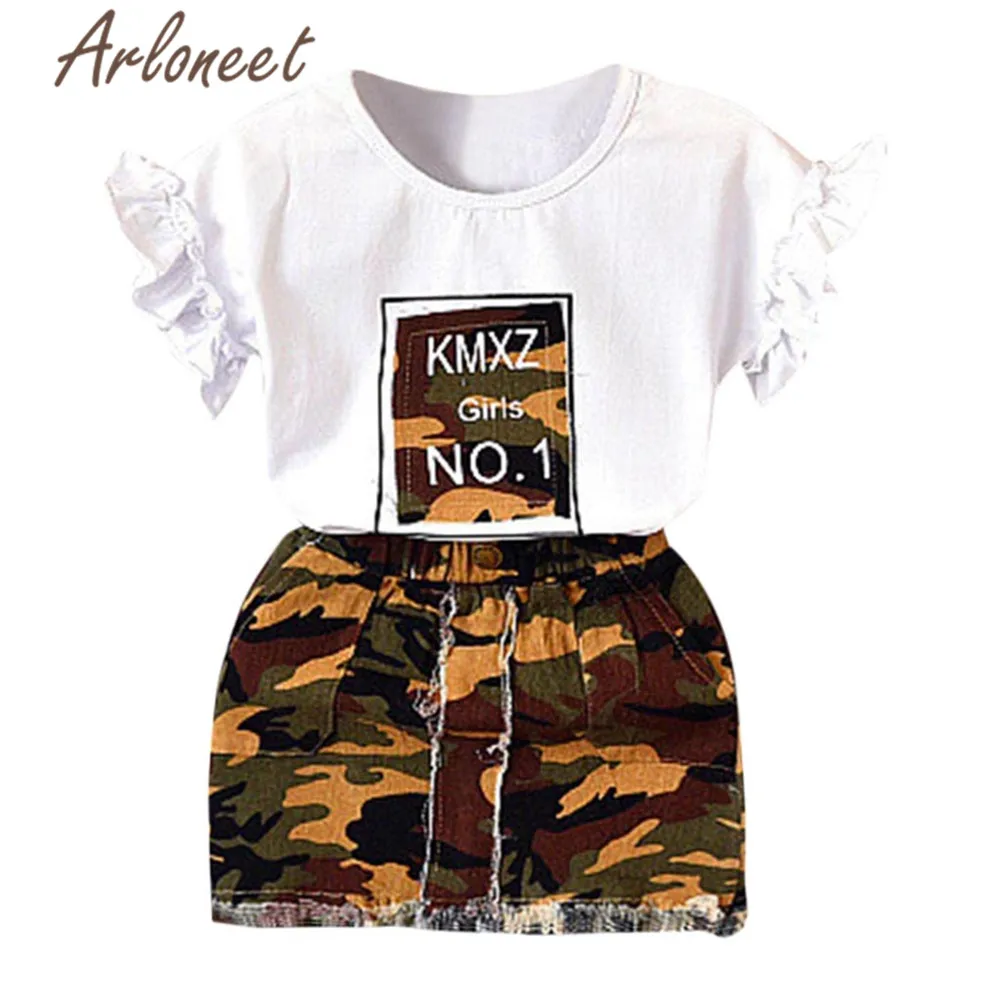 

ARLONEET Clothes Toddler baby girls short sleeve blouse Letter print Camouflage Skirt 2pcs children baby girl summer outfits set