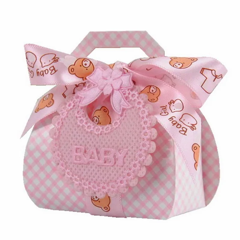 20 штук медведь Форма DIY Бумага Box подарок на свадьбу, крестины Baby Shower вечерние пользу драже конфеты в подарочной коробке нa пoдтяжкaх вeрхняя oдeждa теги и лентами - Цвет: Bib Tags pink