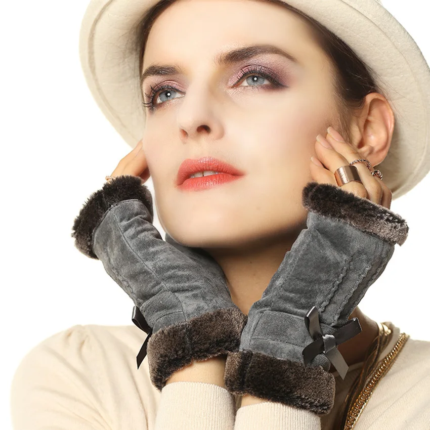 Women Gloves Autumn Winter Warm Plushed Lined Suede Leather Fingerless Mittens Female Thermal Driving Half Fingers Gloves L128NQ