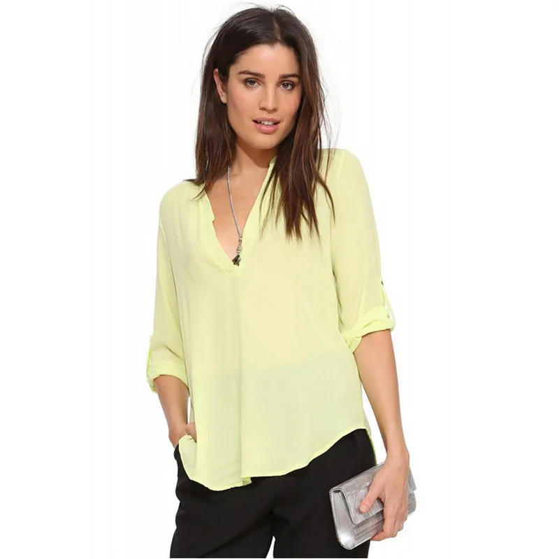 consultor absorción Laos Elegante del otoño del verano suelta de manga tres cuartos blusa de la gasa  mujeres v cuello mangas 3/4|blouse silk|women chiffon blousewomen blouses  wholesale - AliExpress