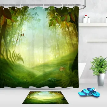 

LB Tropical Forest Meadow Rabbit And Grass Shower Curtain With Mat Autumn Butterfly Bathroom Fabric For Art Nature Bathtub Decor