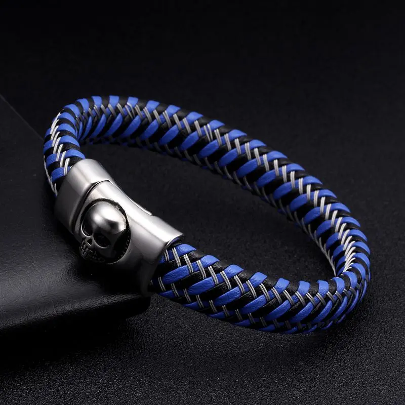 

Punk Genuine Leather Braided Charm Skull Men Bracelets Vintage Stainless Steel Bracelets Bangles Male Sporty Brand Jewelry