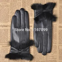 Черный Пояса из натуральной кожи Прихватки для мангала с кроликом Мех животных для девочек перчатки с бантом