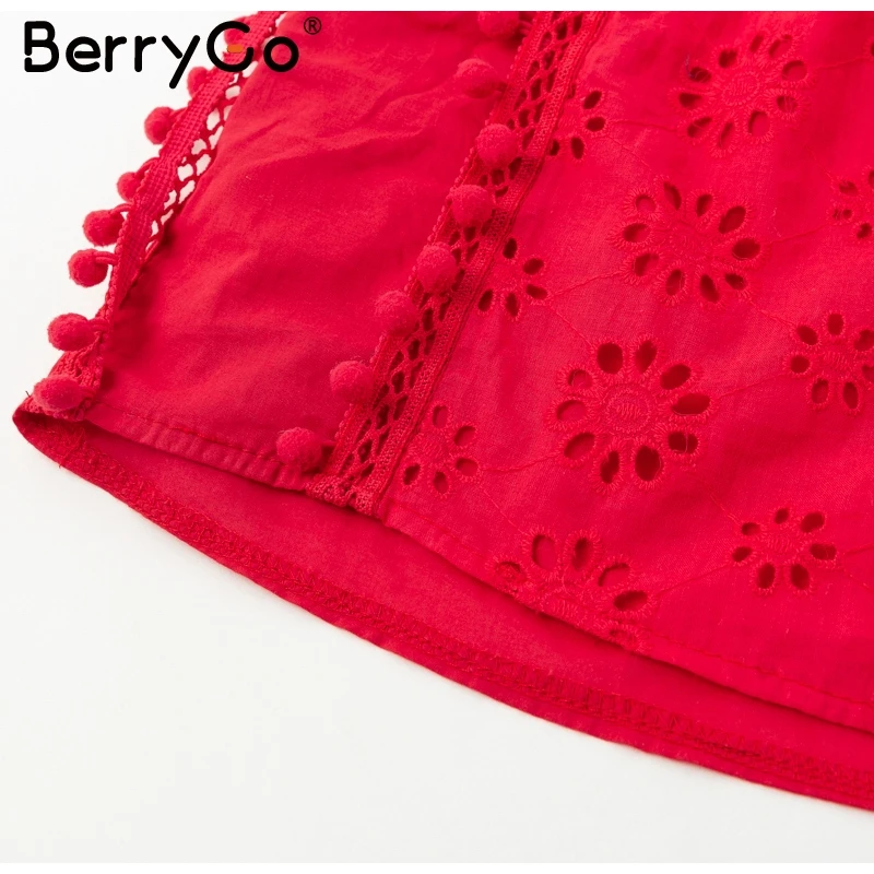 BerryGo элегантная повседневная Хлопковая женская блузка, рубашка без рукавов, летняя майка, рубашки, женские красные блузки с вышивкой и кисточками