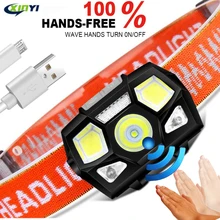 6000 люмен светодиодный налобный фонарь, супер яркий ИК датчик движения, громкий головной светильник, заряжаемый через USB, головной светильник, водонепроницаемый