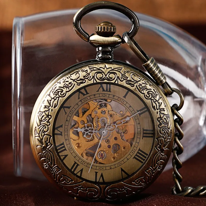 Для мужчин ретро самостоятельно ветер цепи римскими цифрами стильный подарки роскошные Цепочки и ожерелья автоматические механические Для женщин Карманные часы Медь стимпанк механические часы